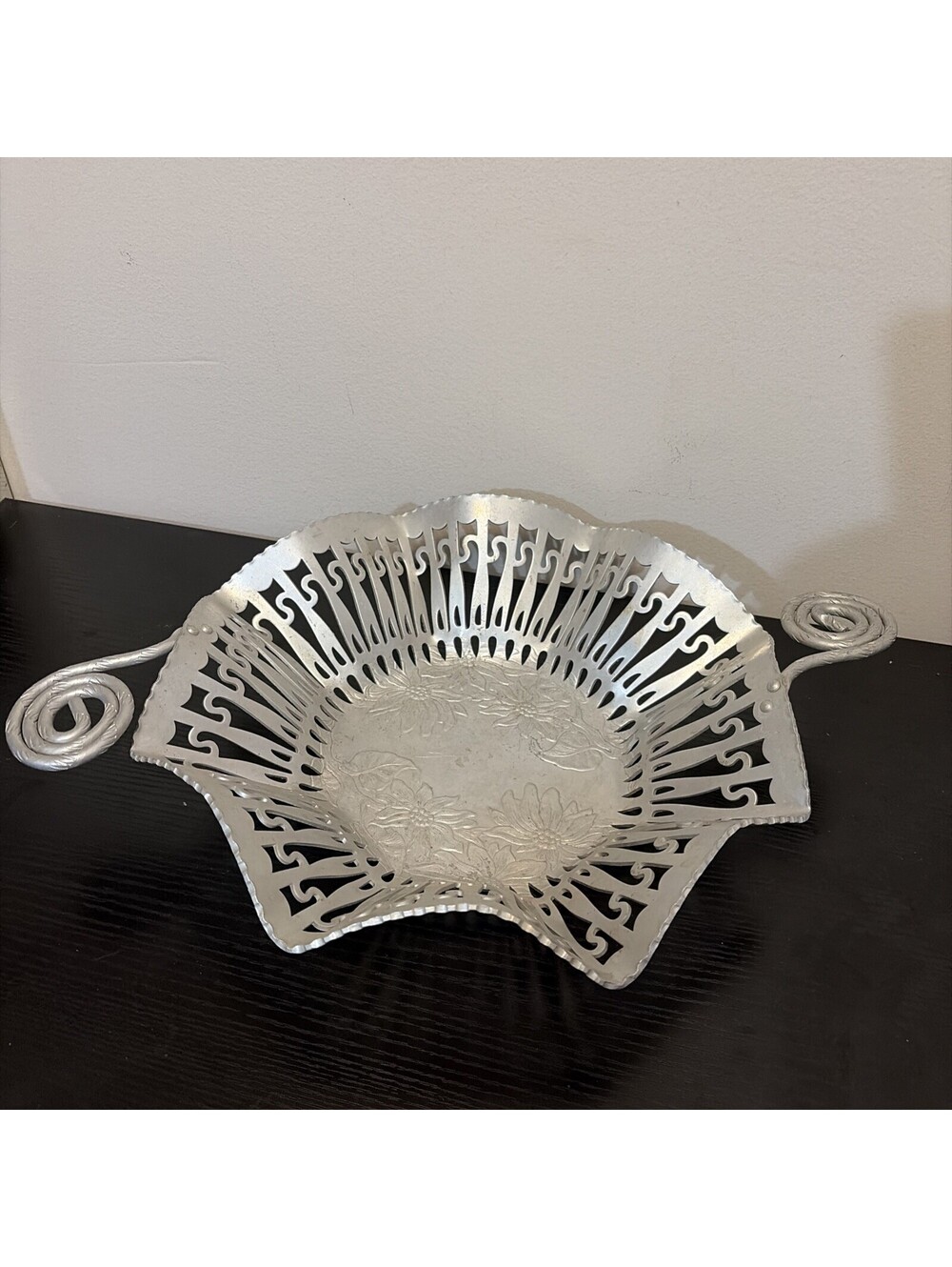 Vintage Farber & Shlevin Hand Wrought Aluminum Metal Lace Cut Bread Basket #1759